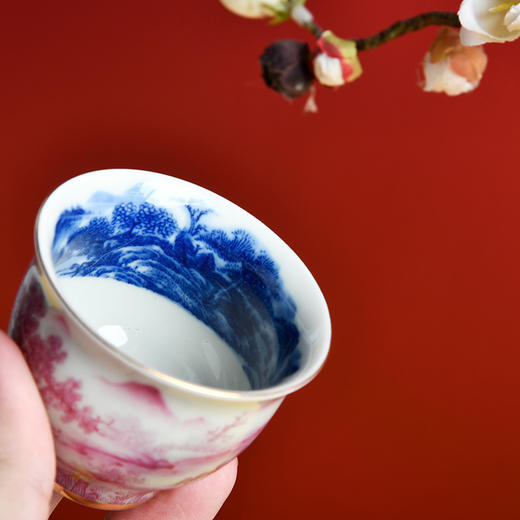 成艺茶具 	 玛瑙红山水茗津杯  陶瓷青花瓷功夫小茶杯单个人专用主人杯斗笠杯茶碗品茗杯 商品图1