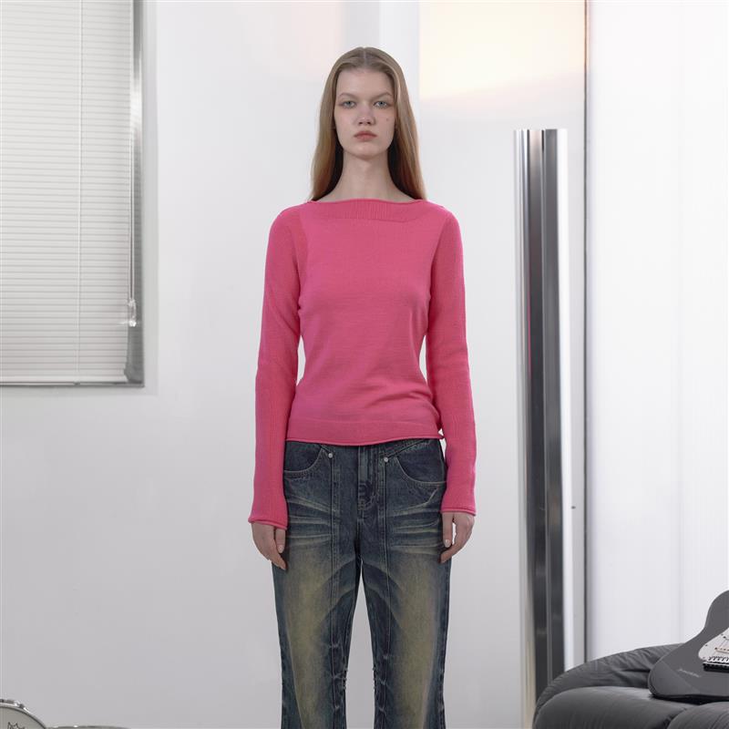 NUTH“玫瑰庞克”｜桃红色针织衫修身显瘦长袖打底上衣