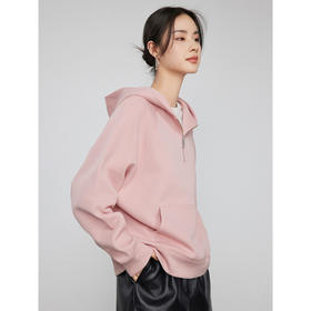 342608010-女装粉色半拉链卫衣女 美式复古空气层上衣 春季bf风连帽宽松外套