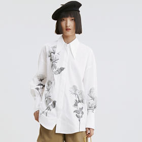 谜底衬衫女23春大廓型玫瑰印花休闲宽松中长款时尚衬衣235MC6019