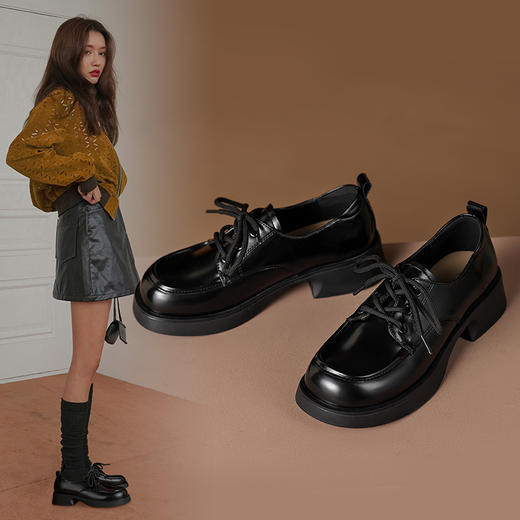 ZHR粗跟单鞋女2023年春季新款圆头乐福鞋复古英伦风厚底时尚女鞋 商品图0