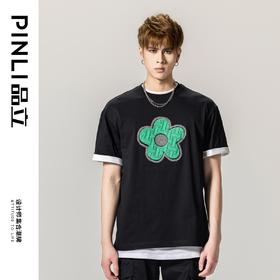 PINLI品立春季新款烫钻纯棉短袖T恤男士休闲体恤BG231111021