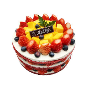 味美特“红颜知己”草莓红丝绒水果蛋糕，草莓，芒果进行主要搭配，蓝莓进行点缀装饰-此款蛋糕不可做6英寸
