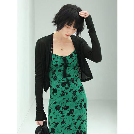 COCOBELLA流苏飘带碎花吊带裙女夏优雅侧开叉缎面连衣裙FR150 商品图1