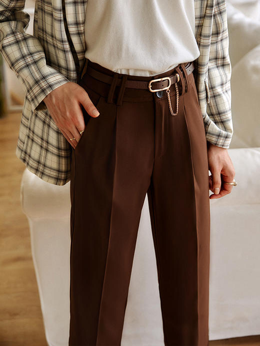 欧芮儿深咖色休闲裤女夏季2022新款高腰显瘦时尚垂坠感九分直筒裤 商品图1