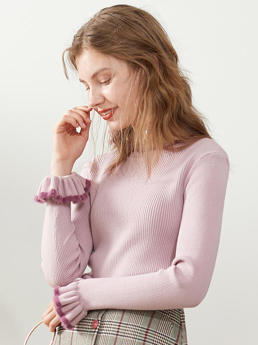 欧芮儿2019秋新款简约百搭泫雅风套头喇叭袖撞色毛针织衫女上衣 商品图1