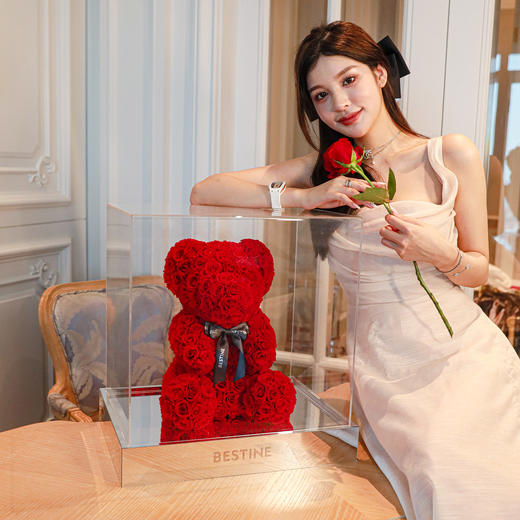 VBEINGS花语 满怀挚友系列 甜心熊仔 永生花MINI玫瑰花摆件送女友女生爱人生日礼物 商品图5