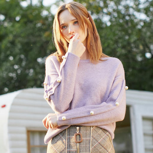 欧芮儿钉珠毛衣女开叉春装2019新款插肩袖针织衫百搭圆领毛衫 商品图0