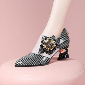 时尚个性，真皮网纱拼接刺绣花朵高跟凉鞋YSML-A023-H935