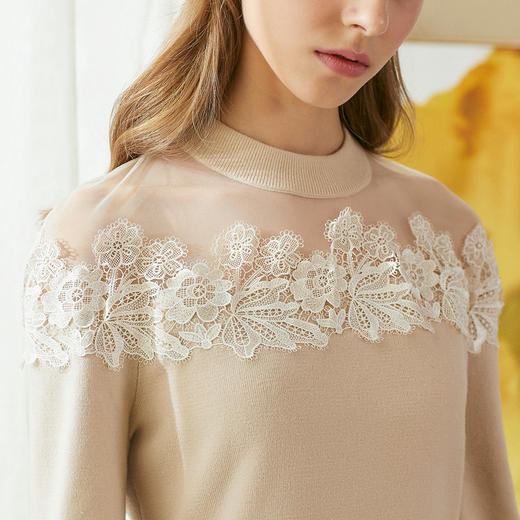 欧芮儿2019秋装毛衣裙中长款蕾丝拼接针织连衣裙女宽松打底 商品图2