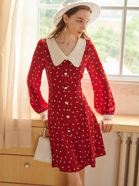 2019秋装新品长袖V领印花雪纺红色连衣裙气质收腰中长款衬衫裙
