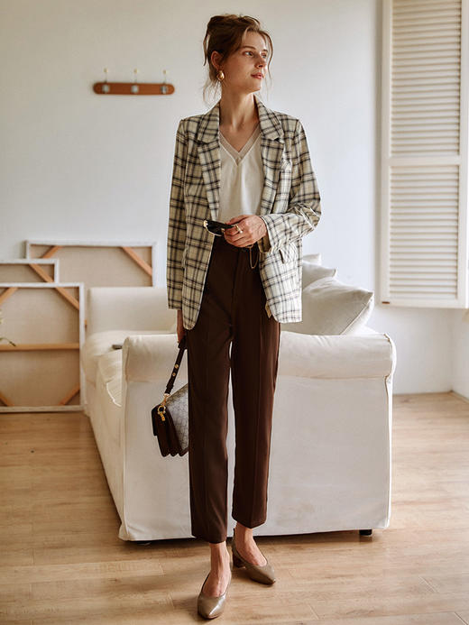 欧芮儿深咖色休闲裤女夏季2022新款高腰显瘦时尚垂坠感九分直筒裤 商品图2