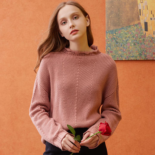 欧芮儿荷叶领毛衣女套头2018秋宽松纯色百搭长袖针织衫 商品图0