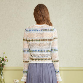 欧芮儿提花喇叭袖针织衫女套头镂空长袖打底衫2019秋