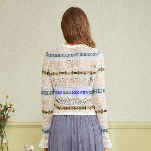 欧芮儿提花喇叭袖针织衫女套头镂空长袖打底衫2019秋 商品图0