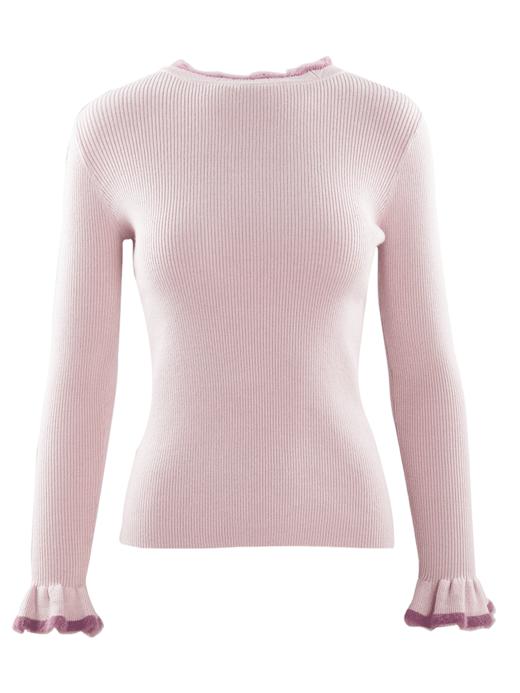 欧芮儿2019秋新款简约百搭泫雅风套头喇叭袖撞色毛针织衫女上衣 商品图3