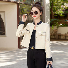 春女新款皮衣短外套，撞色拼接方形口袋小立领小个子夹克外套HR-WY38099