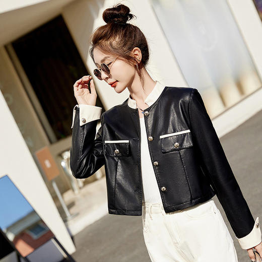 春女新款皮衣短外套，撞色拼接方形口袋小立领小个子夹克外套HR-WY38099 商品图6