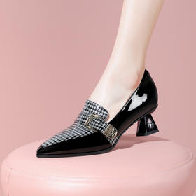 舒适简约，格纹拼接漆皮+超迁皮高跟小皮鞋YSML-A002-H907