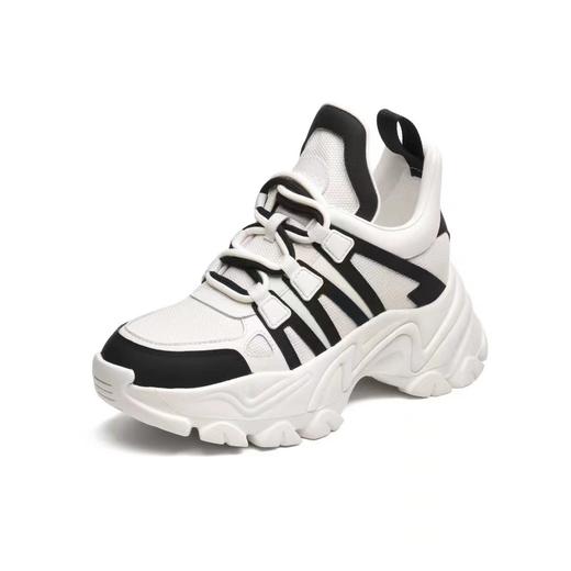 MUX春季牛皮+羊皮真皮拼色厚底时尚黑色休闲鞋 商品图1