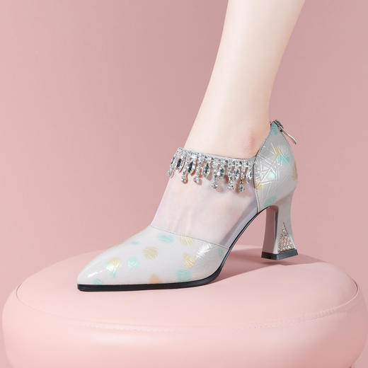 优雅百搭，真皮网纱拼接流苏高跟凉鞋YSML-A025-K440 商品图0