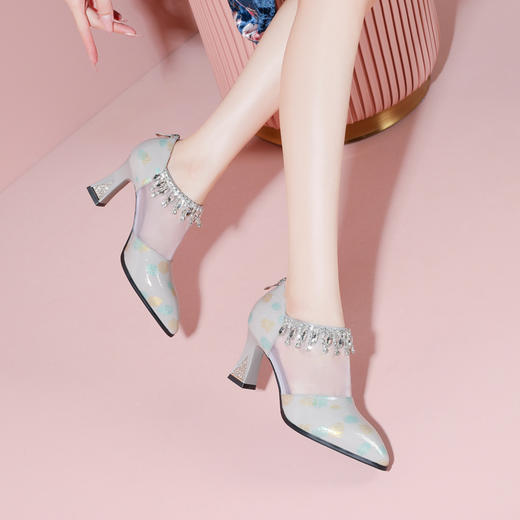 优雅百搭，真皮网纱拼接流苏高跟凉鞋YSML-A025-K440 商品图1