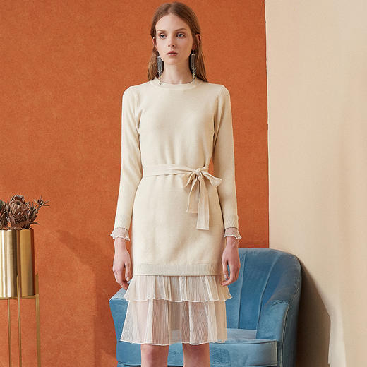 欧芮儿女秋装2018拼接荷叶边收腰毛衣针织连衣裙女中长 商品图0