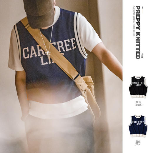 工装精选  美式休闲圆领字母针织背心学院风街头无袖套头马甲男春 商品图0