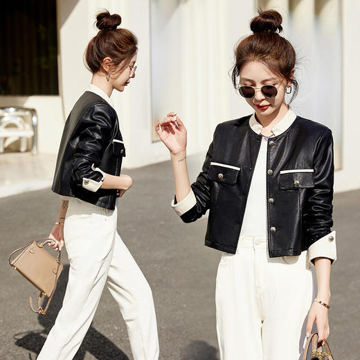 春女新款皮衣短外套，撞色拼接方形口袋小立领小个子夹克外套HR-WY38099 商品图3