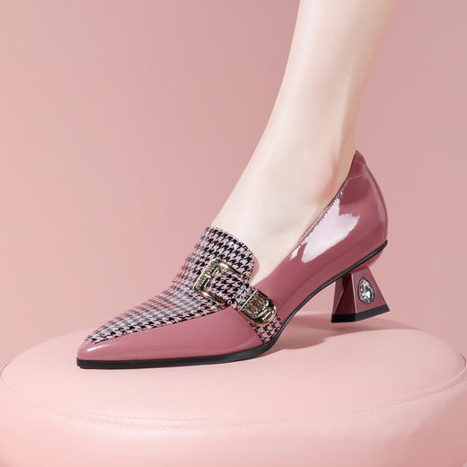 舒适简约，格纹拼接漆皮+超迁皮高跟小皮鞋YSML-A002-H907 商品图2