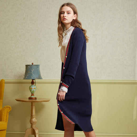 欧芮儿2018秋新款宽松撞色条纹开衫外套长袖毛针织衫女中长款⑦ 商品图0