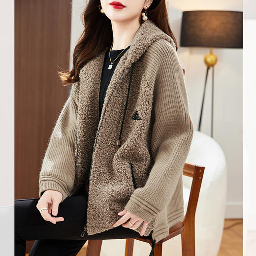 新款时尚，气质皮毛一体毛呢加厚连帽外套HR-A77-1069 商品图3