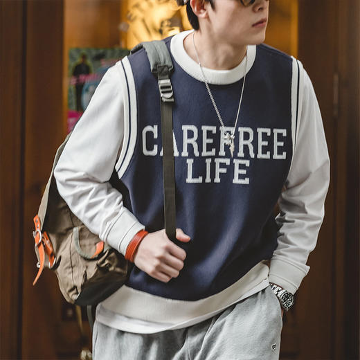 工装精选  美式休闲圆领字母针织背心学院风街头无袖套头马甲男春 商品图3