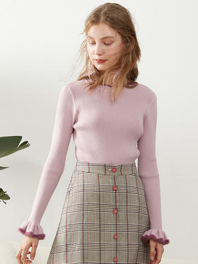 欧芮儿2019秋新款简约百搭泫雅风套头喇叭袖撞色毛针织衫女上衣