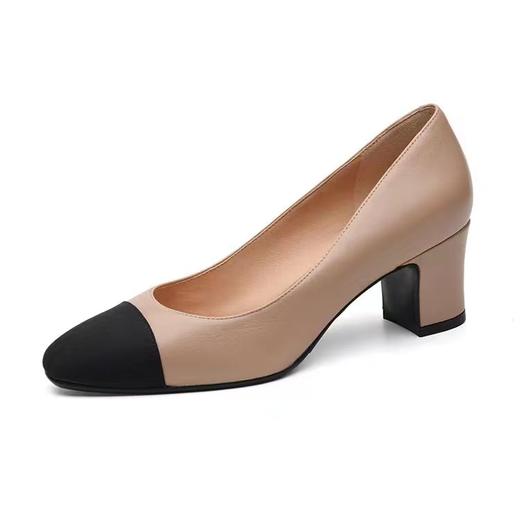 MUX春季小香风羊皮粗跟中跟杏色/黑色浅口单鞋 商品图0