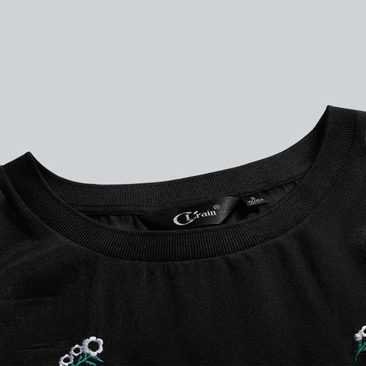 欧芮儿2016春装新款女装时尚七分袖圆领印花黑色透视雪纺衫上衣 商品图1