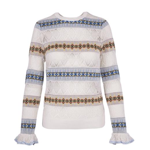 欧芮儿提花喇叭袖针织衫女套头镂空长袖打底衫2019秋 商品图2