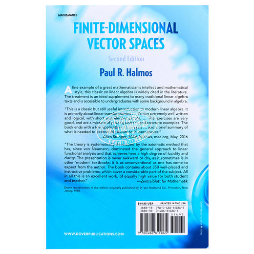 【中商原版】保罗哈尔莫斯 有限维向量空间 第二版 英文原版 Finite Dimensional Vector Spaces 2nd Edition Paul R Halmos 商品图1