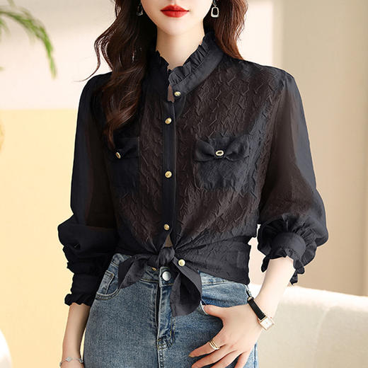 提花衬衫打底衫，早春秋新款法式洋气别致漂亮小衫HR-WHA002 商品图1