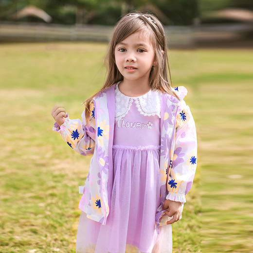 棉果果商场同款春季新品女童带里子外套印花连帽风衣中长款小花边甜美可爱帽子不可拆M122130323043 商品图1