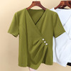 短袖t恤女春季新款女装，交叉v领纯色棉体恤褶皱珍珠扣收腰上衣SG-T3X0106 商品缩略图6