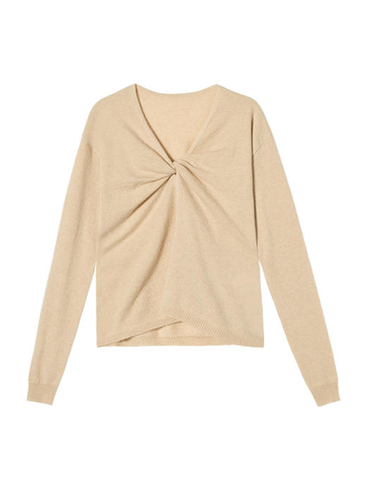 322工房扭结造型纯山羊绒长袖套头衫2022年秋冬款v领百搭针织上衣 商品图4