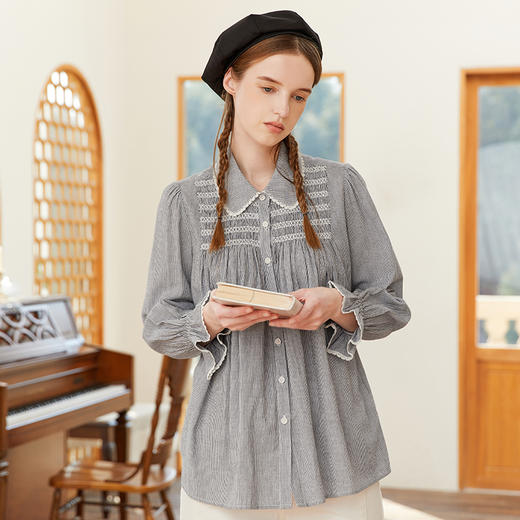 Famecoco范可儿宽松棉麻条纹衬衫女春款喇叭袖压褶上衣 商品图0