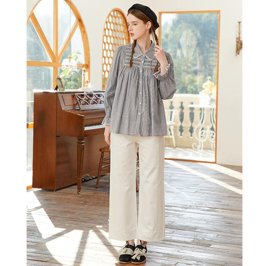 Famecoco范可儿宽松棉麻条纹衬衫女春款喇叭袖压褶上衣 商品图4