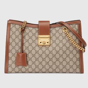 GUCCI Padlock系列 女士中号GG肩背包 479197 乌木色GG Supreme帆布+棕色皮革