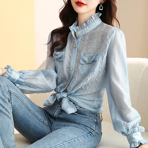 提花衬衫打底衫，早春秋新款法式洋气别致漂亮小衫HR-WHA002 商品图7