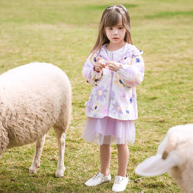 棉果果商场同款春季新品女童带里子外套印花连帽风衣中长款小花边甜美可爱帽子不可拆M122130323043