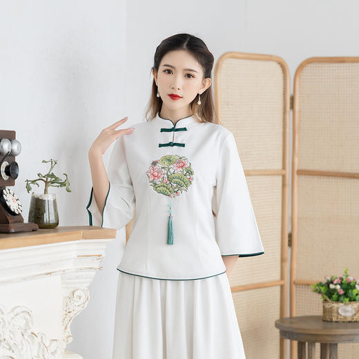 YBQG-2139民国风唐装女装改良旗袍采耳服禅意年轻款茶艺师服上衣中袖套装女 商品图2