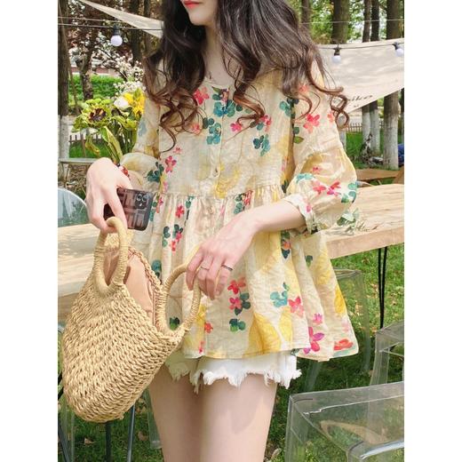 娃娃衫上衣韩版宽松通勤甜美洋气碎花衬衫2023夏季蓬蓬小衫中袖衬 商品图0