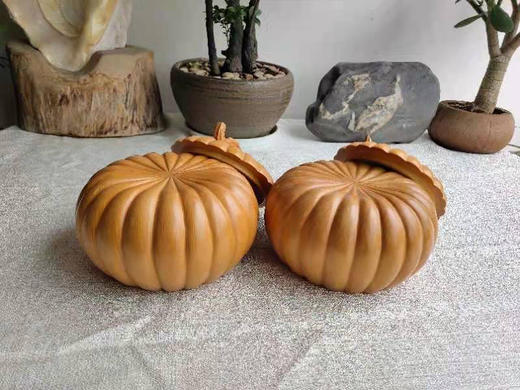 手雕大号本榧南瓜型围棋罐一对 商品图3